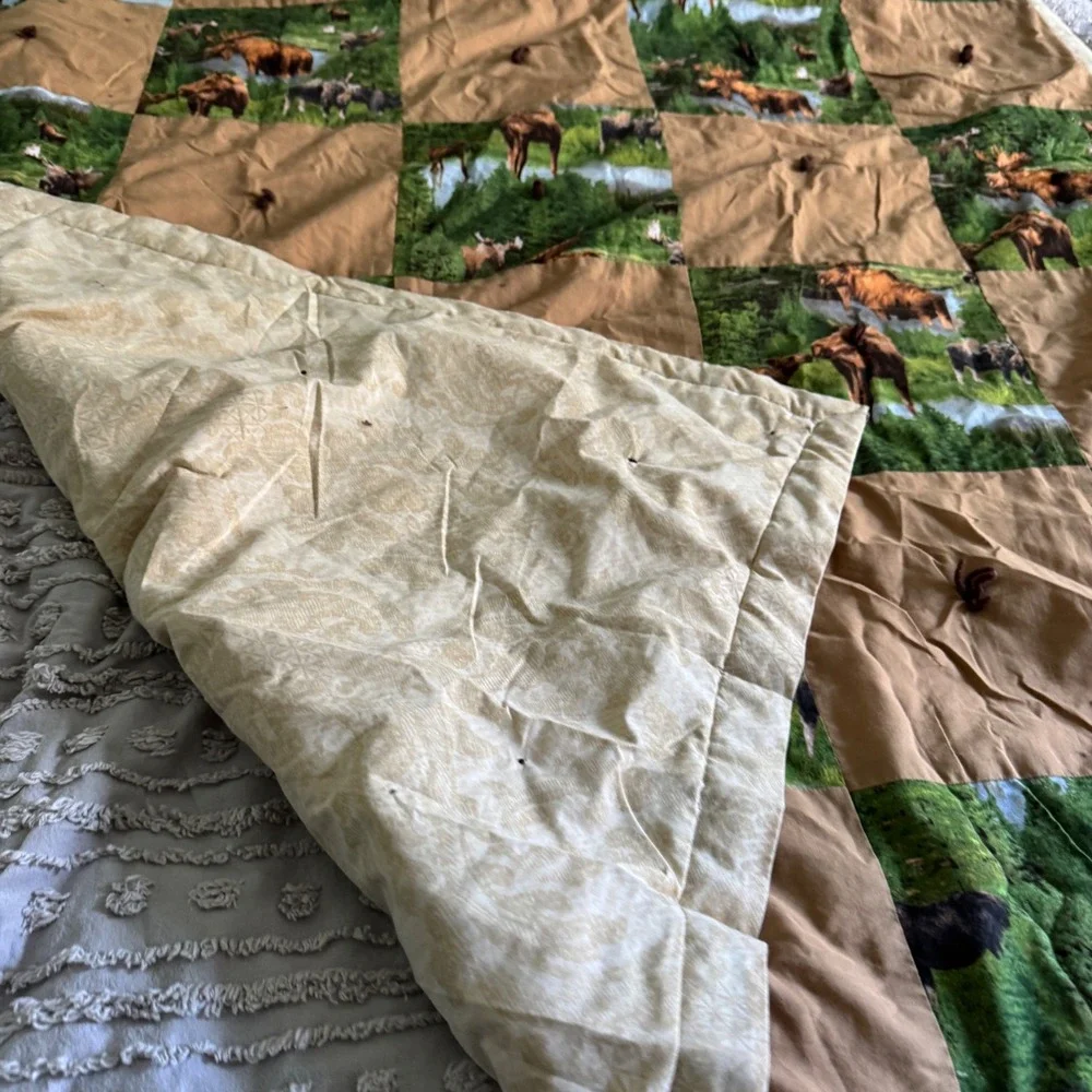 Handmade Vintage Moose Patchwork Quilt Blanket Brown Green Rustic Cabin Lodge